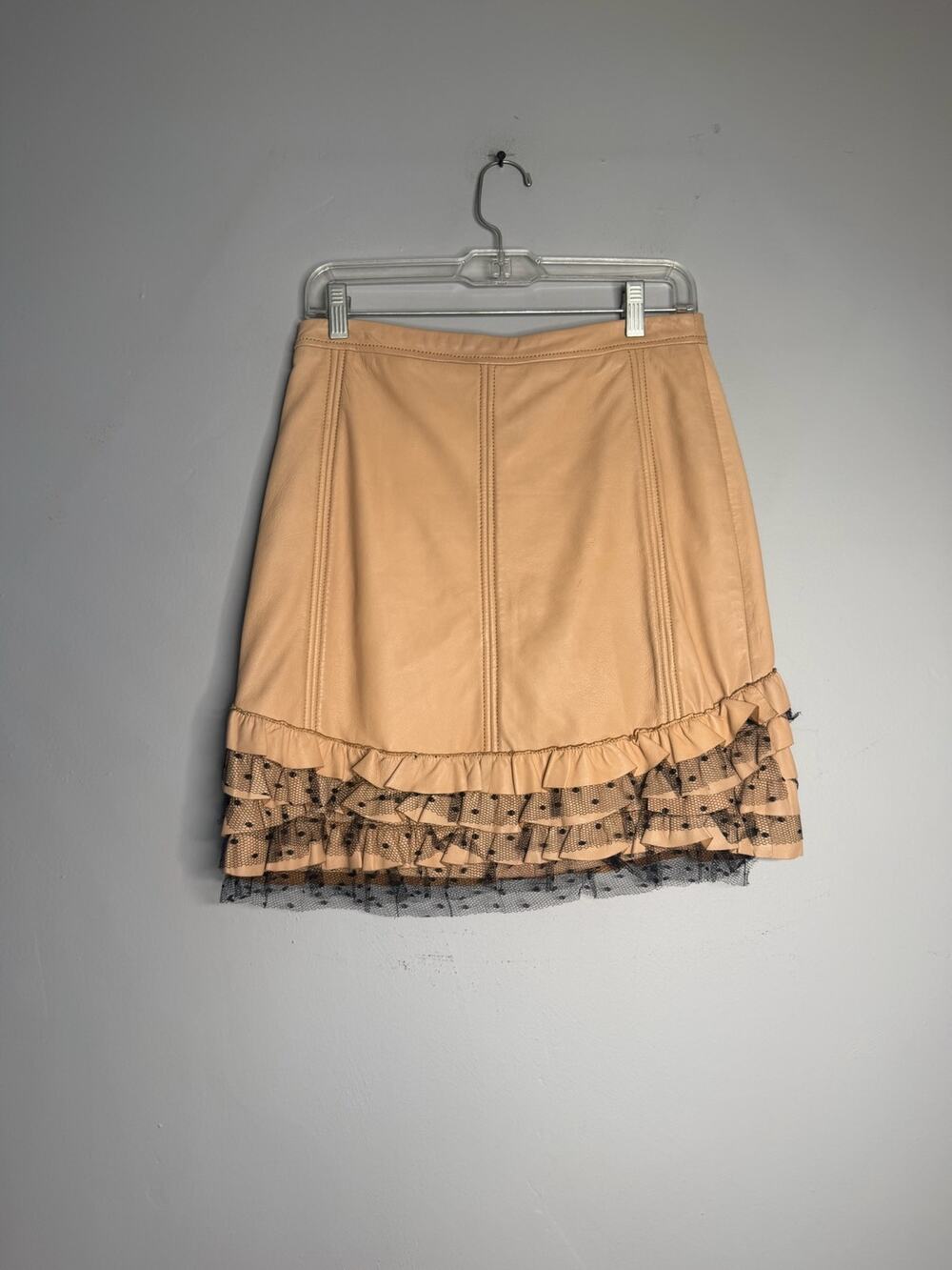 RED Valentino Lambskin Leather Black Mesh Polka Dot Ruffle Hem Mini Skirt 28